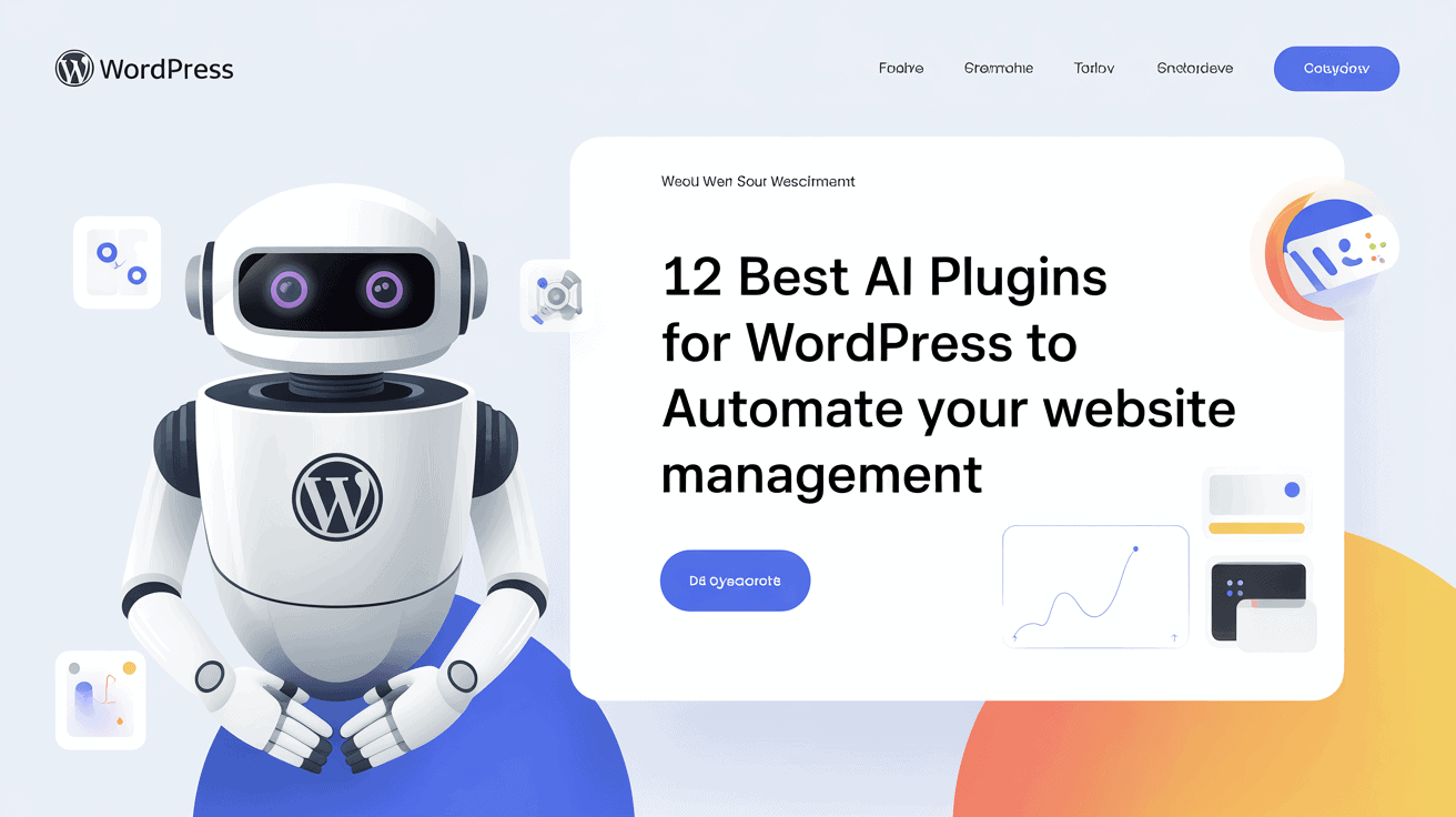 AI robot with WordPress logo, promoting automation plugins for WordPress sites.