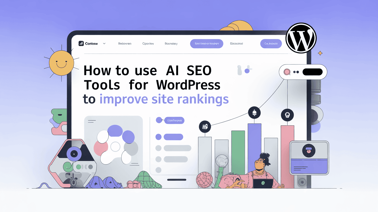 Illustration of AI SEO tools enhancing WordPress site rankings with analytics and automation.