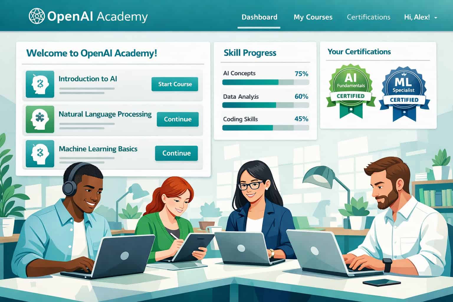 OpenAI Academy digital learning environment with diverse students studying AI skills.