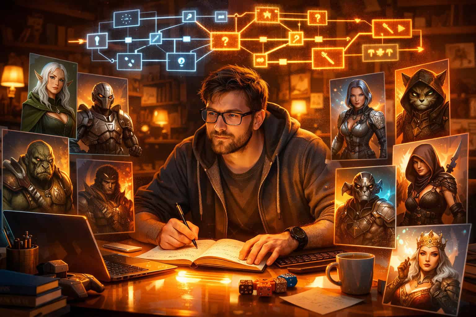 Close-up conceptual illustration of a writer and game designer sitting at a glowing desk surrounded by floating AI-generated