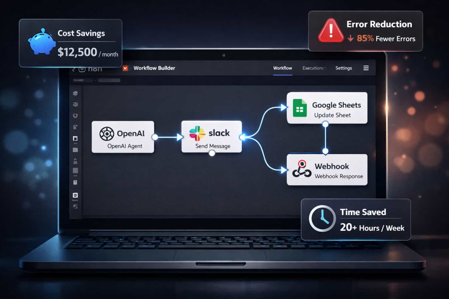 Close-up () of a laptop screen displaying the n8n visual workflow builder interface with AI agent nodes, showing OpenAI,