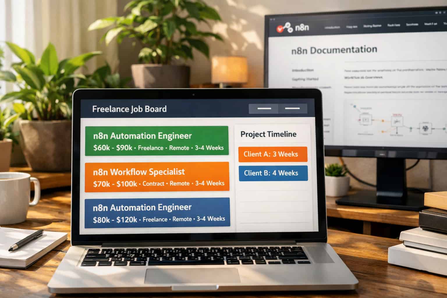 Close-up of a laptop screen showing a freelance job board with n8n automation engineer listings, salary ranges visible