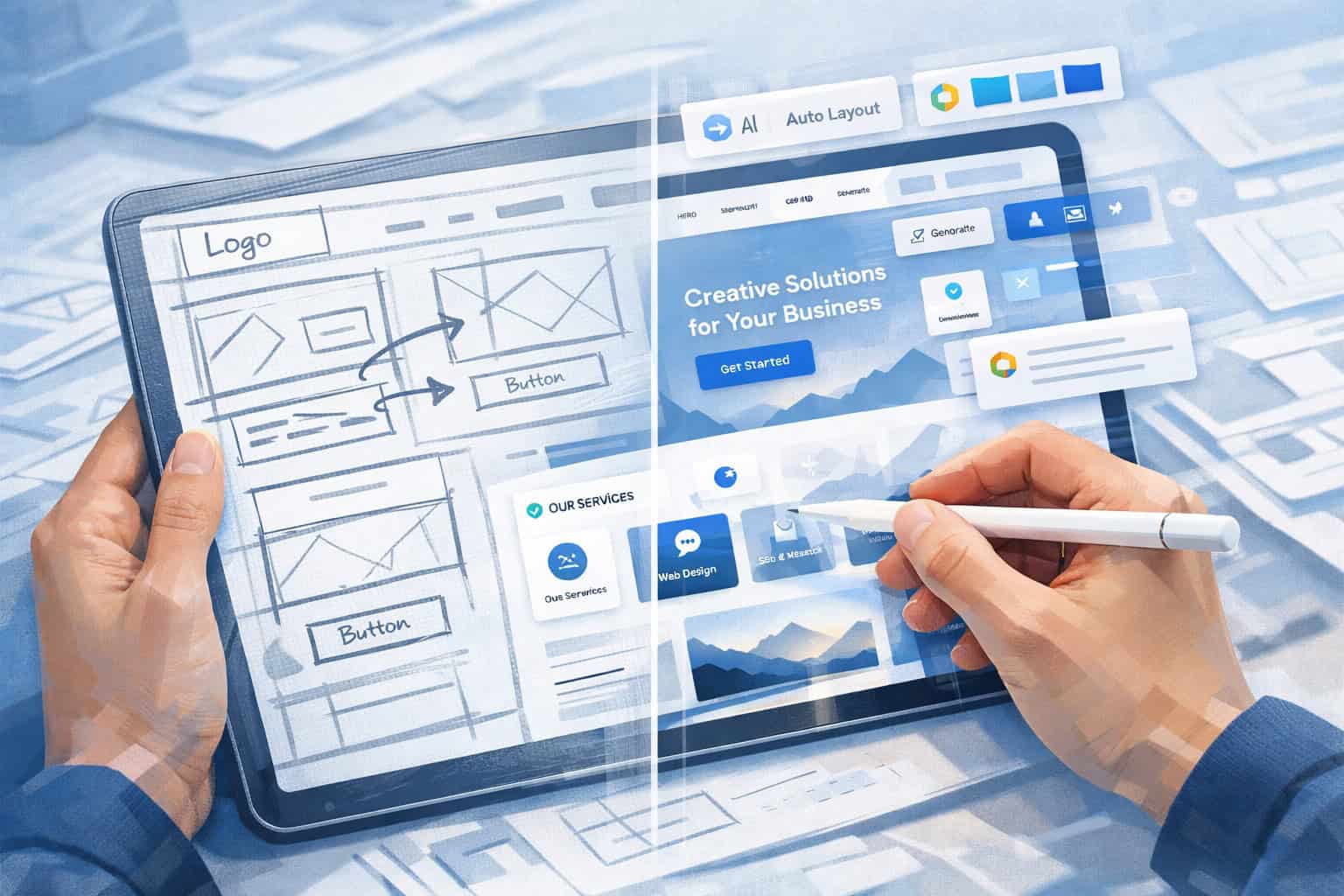 AI-powered website builder interface with design sketches and digital layout.