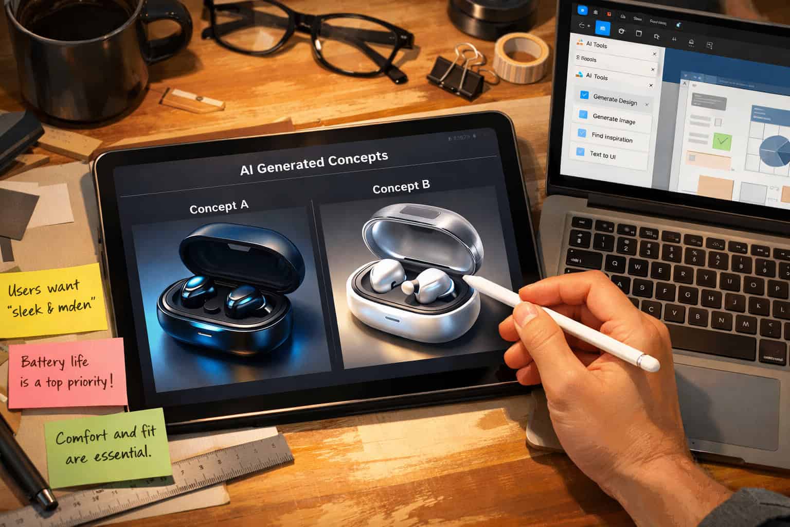 AI-powered product design concepts displayed on tablet with earbuds case comparison.