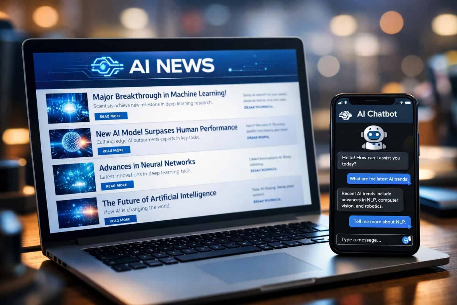 AI news headlines displayed on laptop and smartphone screens for tech enthusiasts.