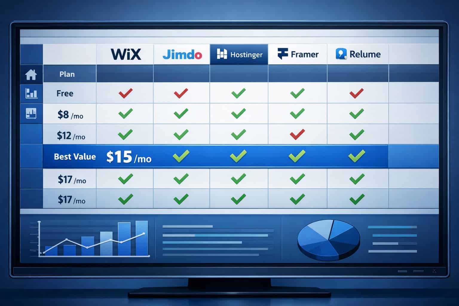 Close-up perspective of a pricing comparison dashboard displayed on a large monitor, showing a structured table with