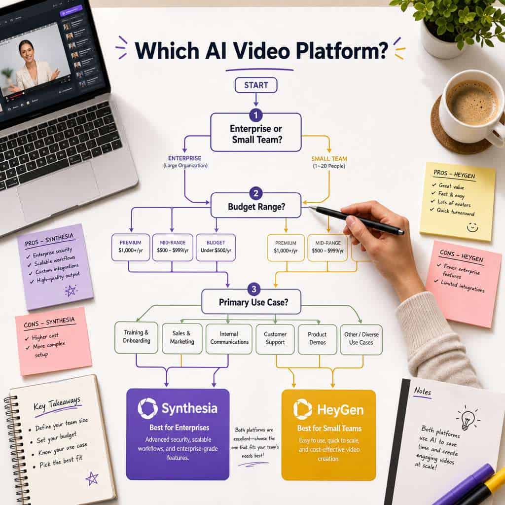 Detailed () bird's-eye view of a decision flowchart printed on a large white table surface. The flowchart starts with 'Which