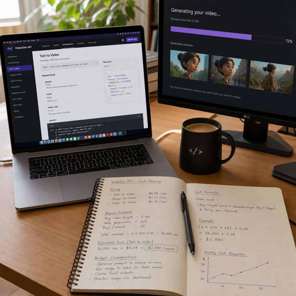 Detailed () bird's-eye view of a developer workspace with a laptop showing API documentation, a notebook with cost