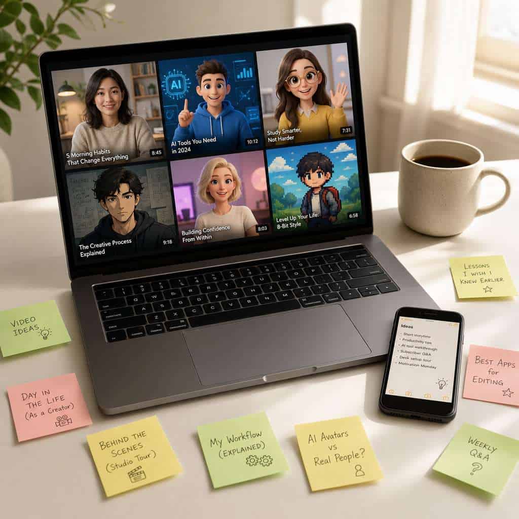 Detailed () birds-eye-view photograph of a content creator's minimal desk setup showing just a laptop, a coffee mug, and a