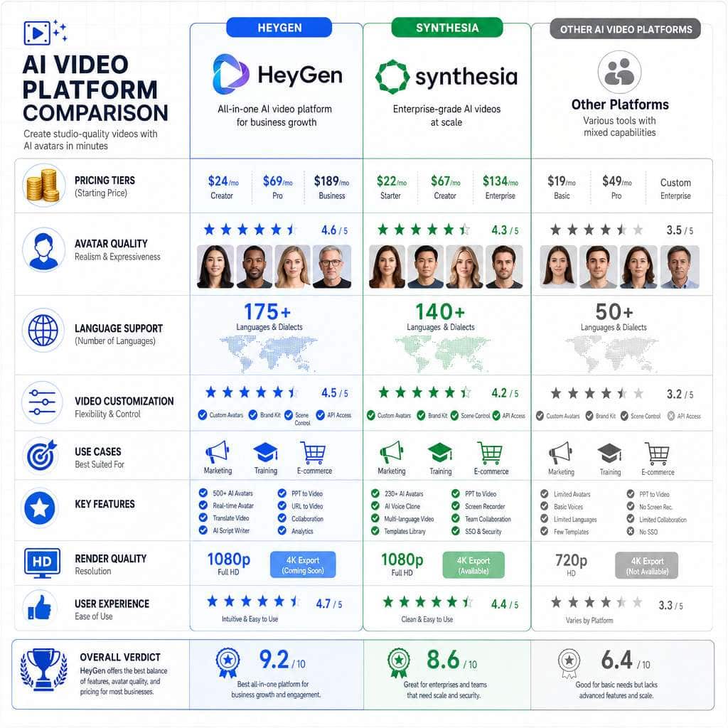 Detailed () comparison infographic showing HeyGen vs Synthesia vs other AI video platforms. Split into columns with feature
