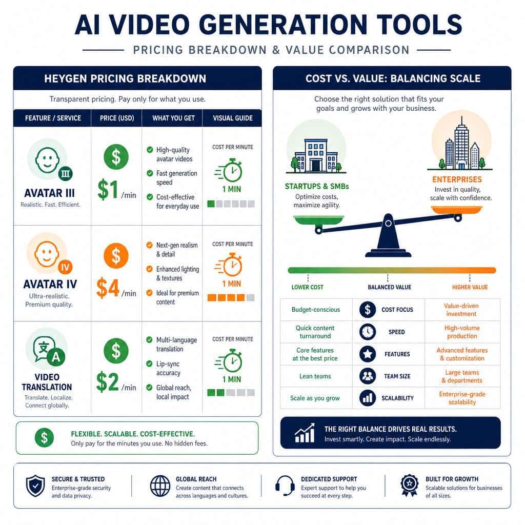 Detailed () comparison infographic showing a pricing breakdown table for AI video generation tools. Left side shows HeyGen