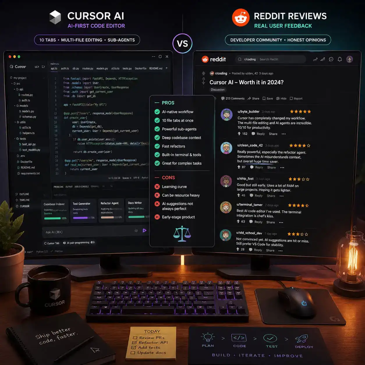 Detailed () comparison infographic showing a top-down view of a developer workspace with two monitors side by side. Left