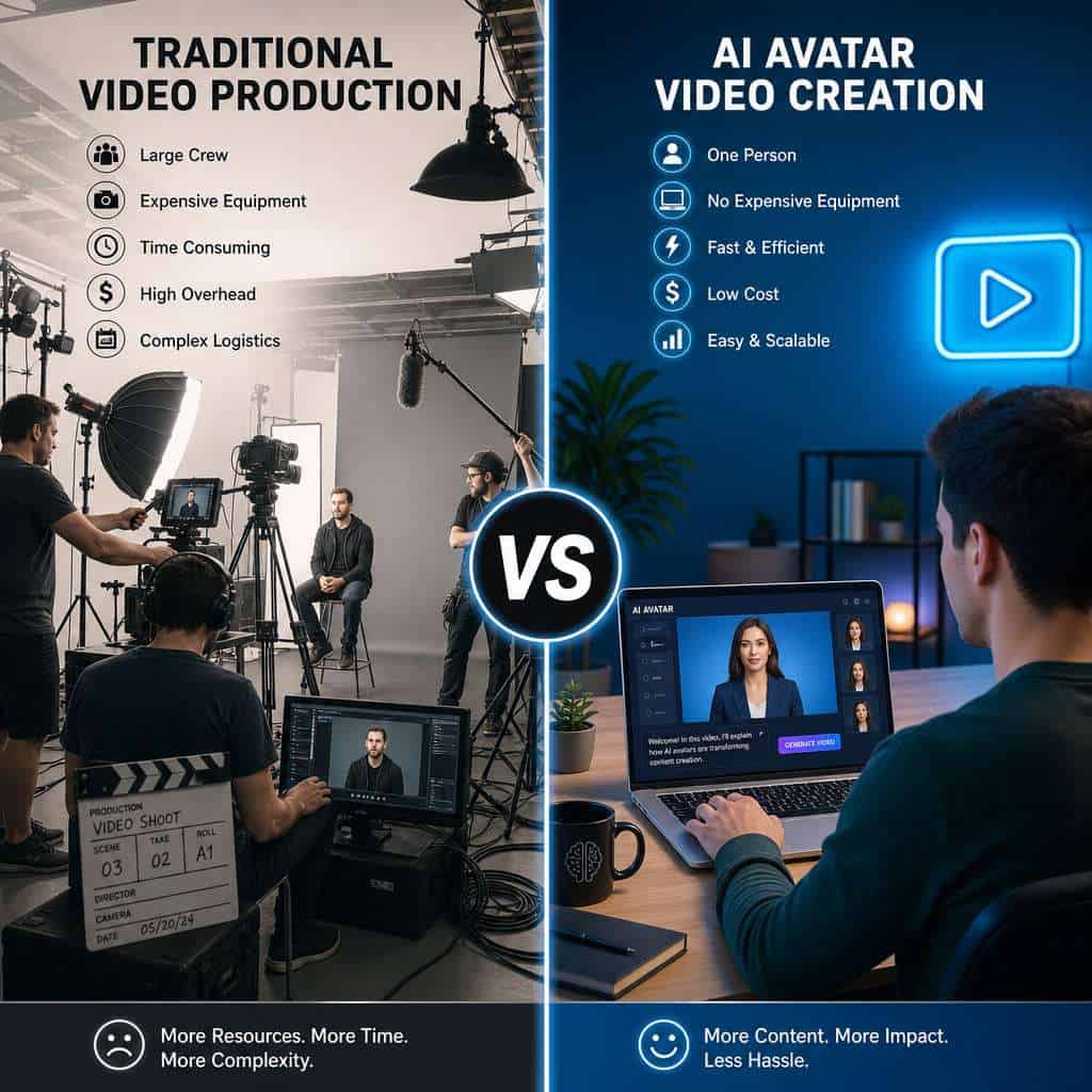 High-quality video production comparison between traditional methods and AI-powered video creation t.