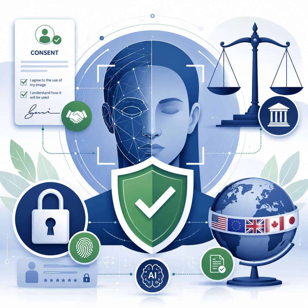 Detailed () conceptual illustration about AI ethics and legal compliance in face swap technology. Central image shows a