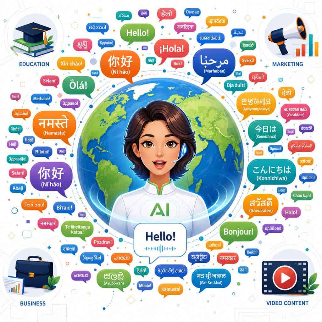 Detailed () conceptual illustration of a globe surrounded by speech bubbles in 175+ different languages and scripts (Arabic,