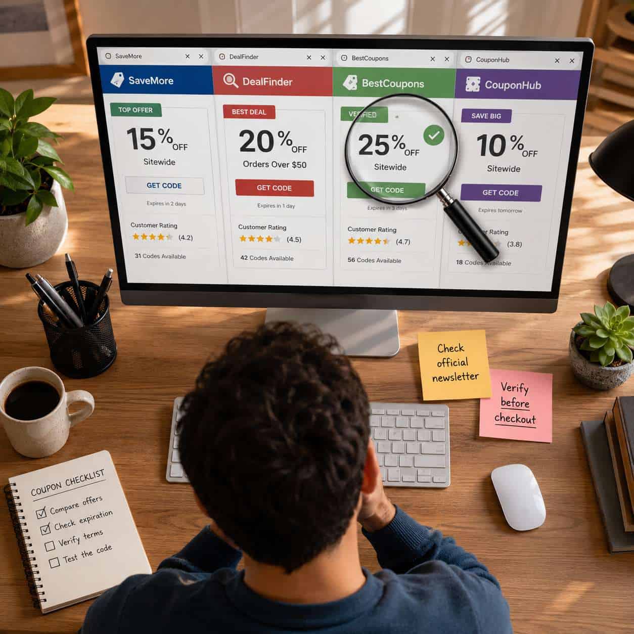 Detailed () conceptual illustration of a person at a desk comparing multiple browser tabs on a widescreen monitor, each tab