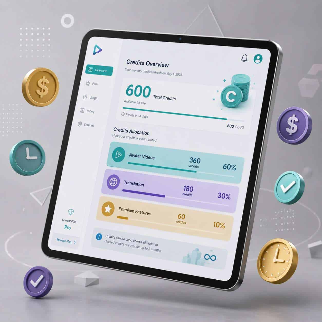 Detailed () conceptual illustration of a pricing and credits dashboard displayed on a floating tablet device at a