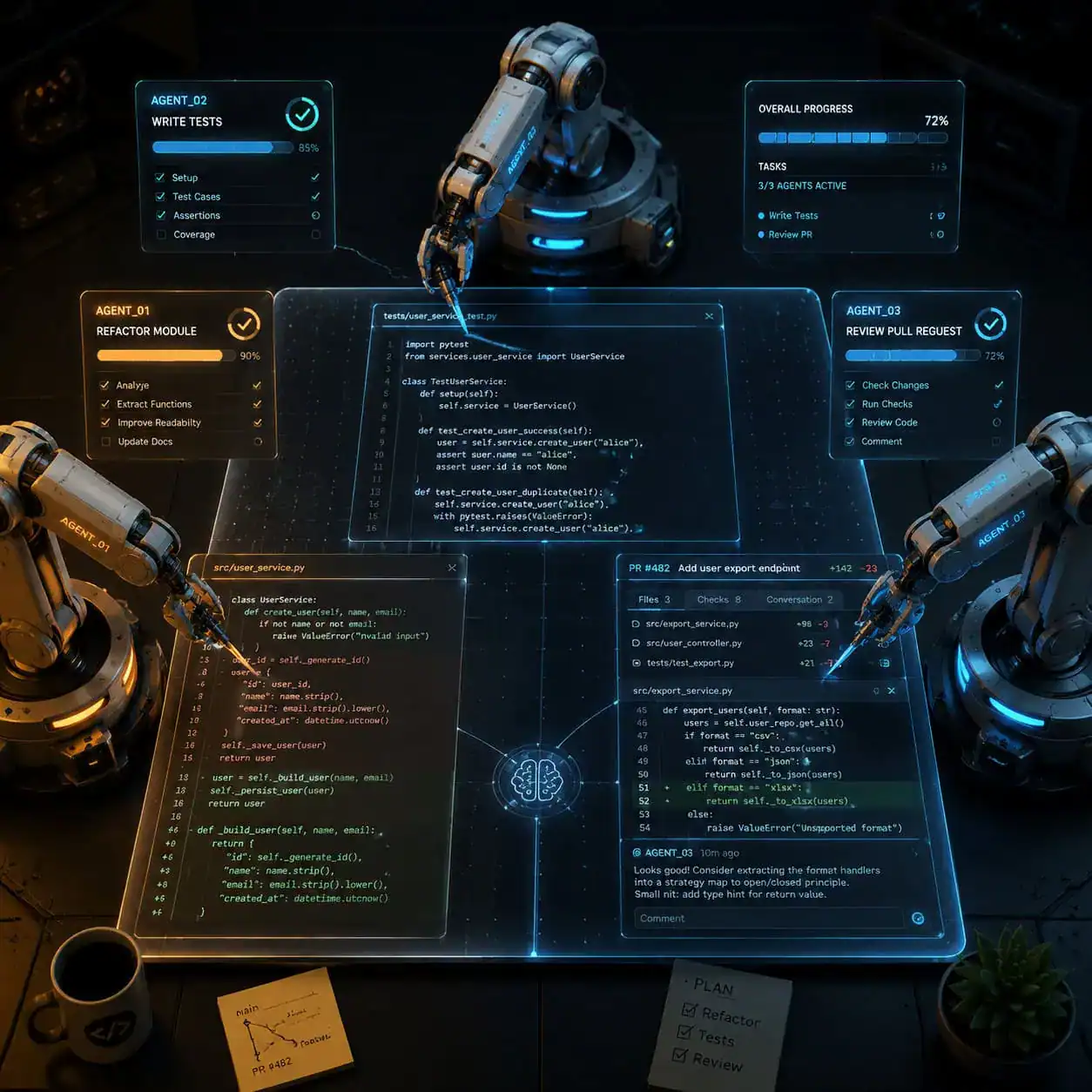 Detailed () conceptual illustration of autonomous AI coding agents at work: three distinct robotic arms each working on