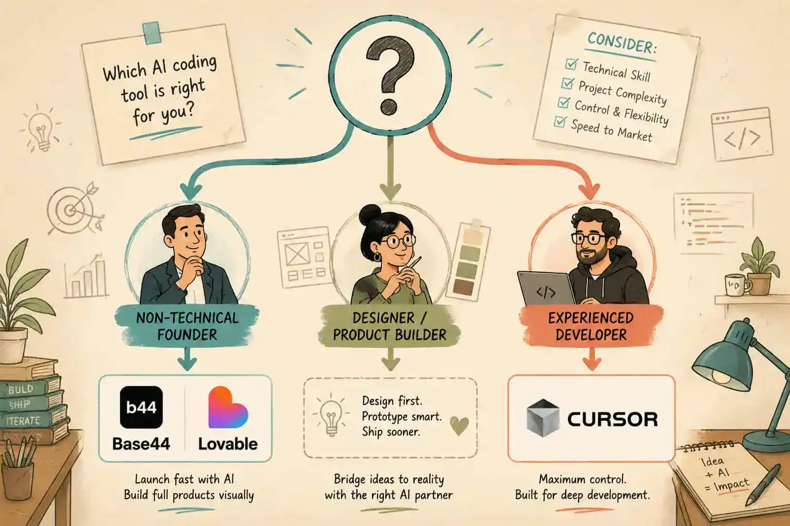 Detailed () conceptual illustration showing a decision flowchart for choosing between AI coding tools. A central question