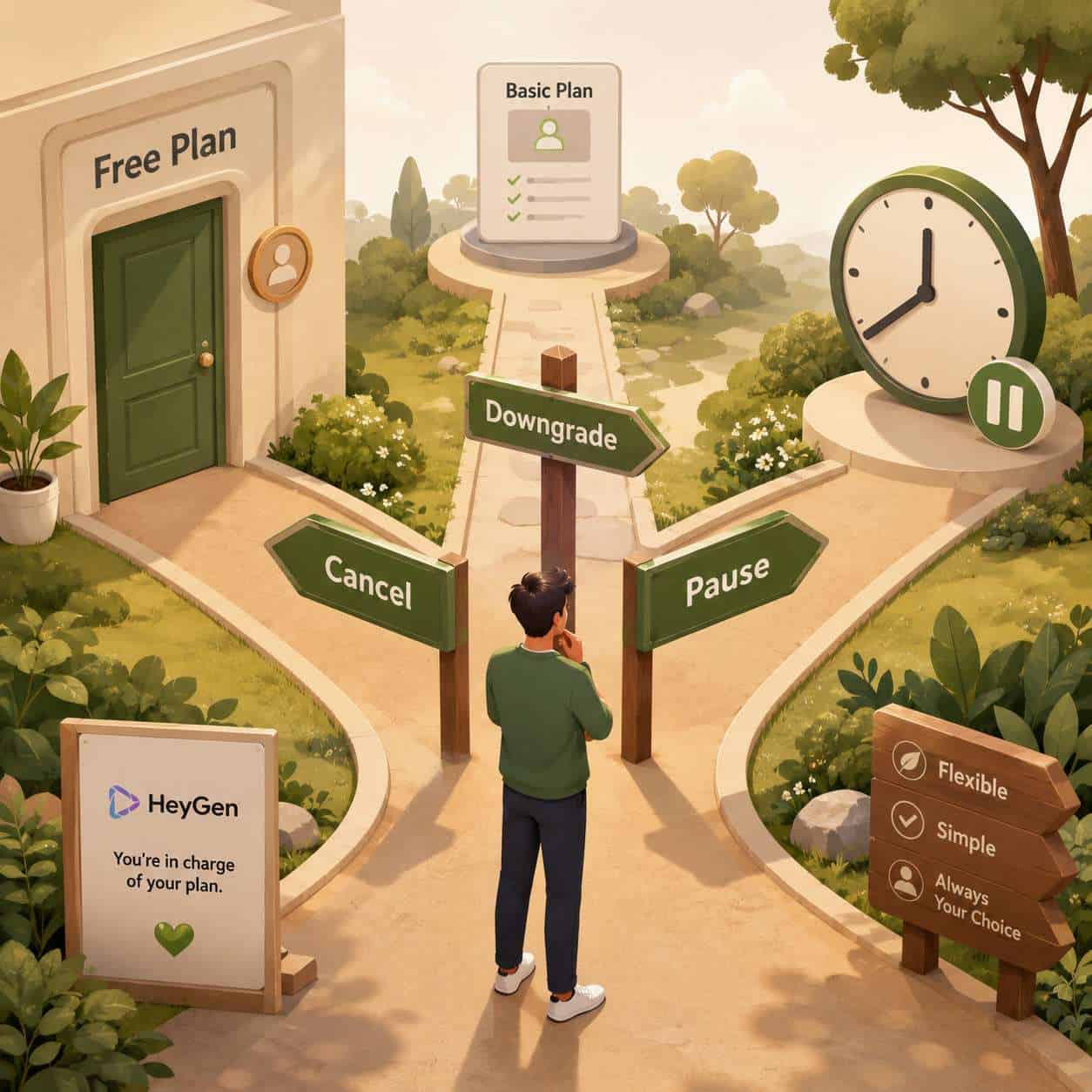 Detailed () conceptual illustration showing a person at a crossroads with signposts. One sign reads 'Cancel' pointing left