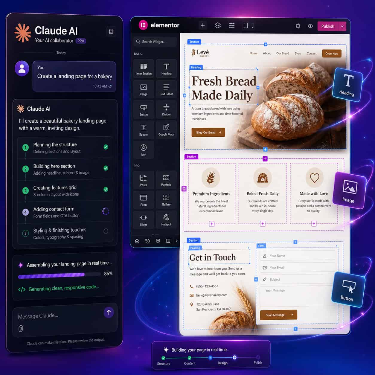 Detailed () conceptual illustration showing an AI agent building a webpage in real-time. Left panel shows a chat interface