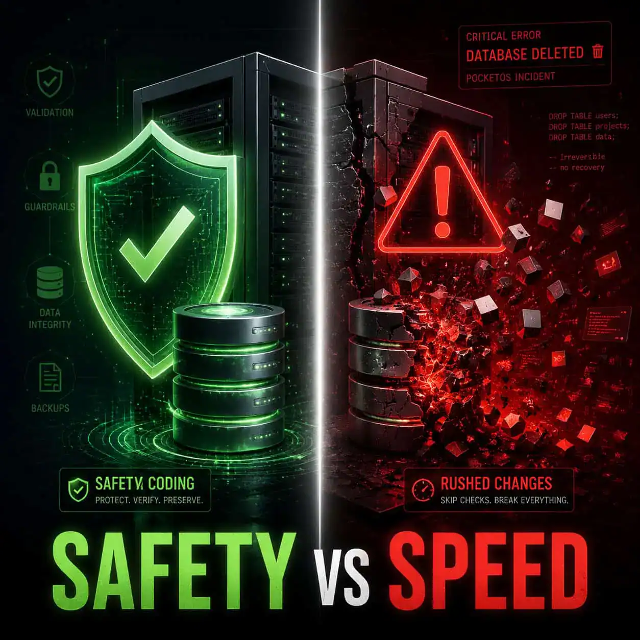 Detailed () dramatic split-image showing AI coding safety: left half depicts a glowing green shield icon protecting a server