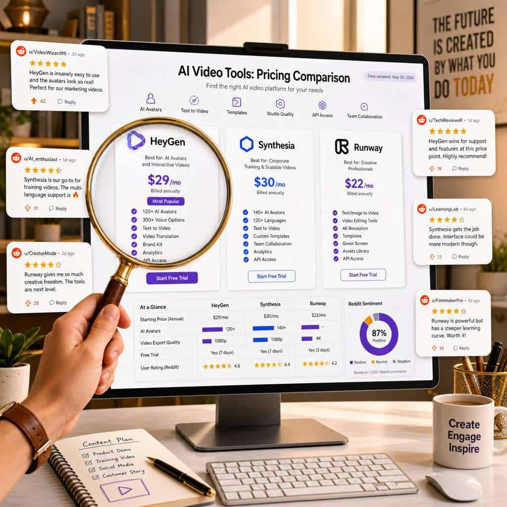 Detailed () editorial illustration of a pricing comparison dashboard displayed on a large monitor screen, showing tier cards