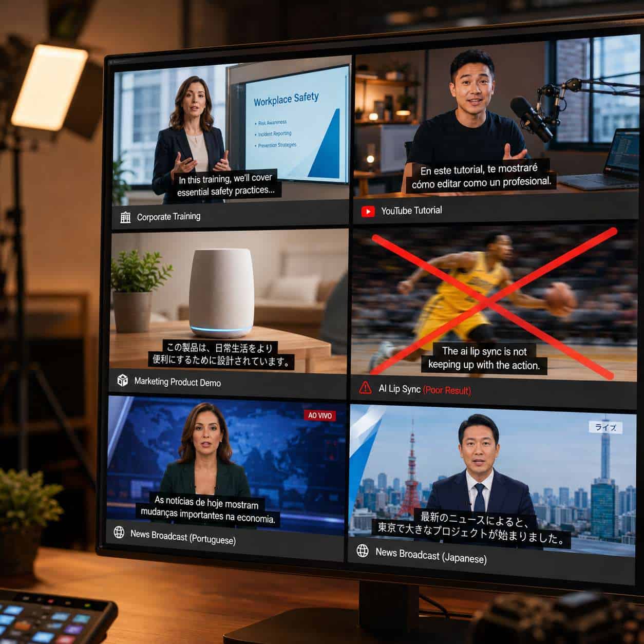 Detailed () editorial photograph style image showing a diverse array of video content types arranged in a grid mosaic on a