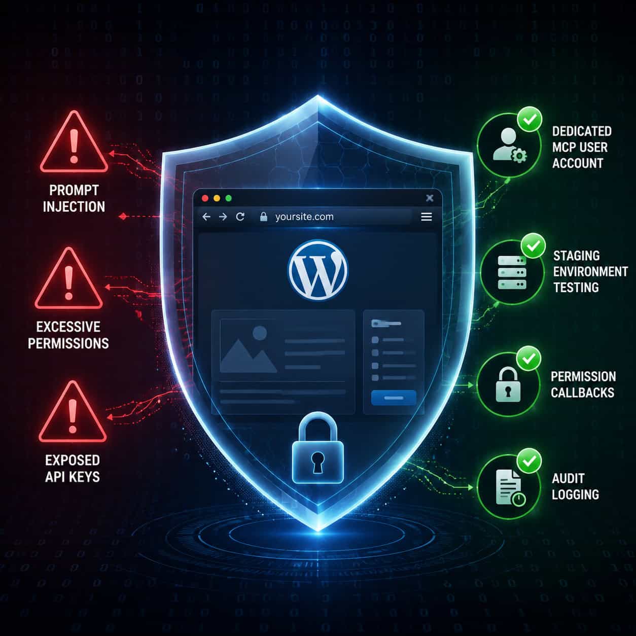 Detailed () illustration depicting website security as a shield concept. A large translucent shield icon in the center