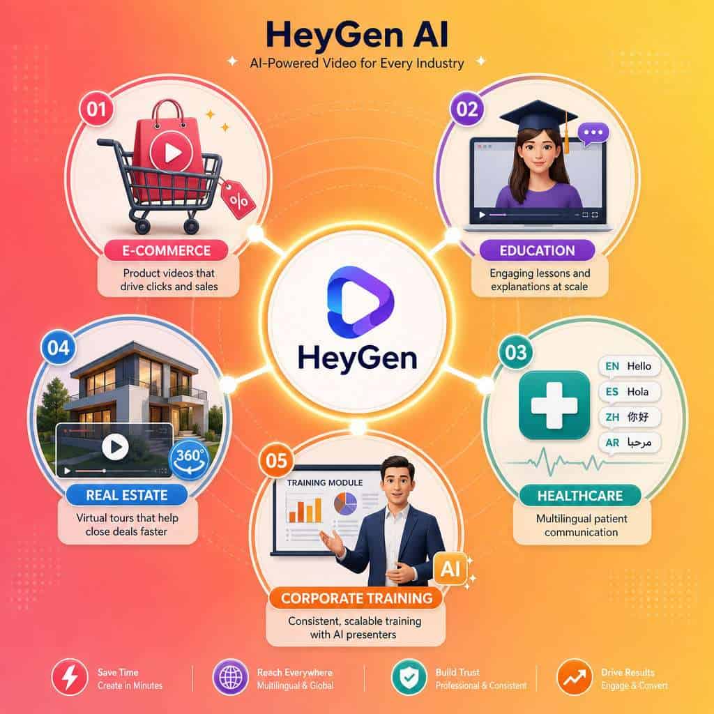 Detailed () illustration of diverse industry use cases for HeyGen AI arranged in a circular hub-and-spoke layout: center