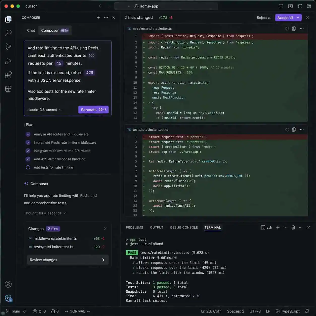 Detailed () illustration of the Cursor AI editor interface showing the Composer panel open on the left with a natural