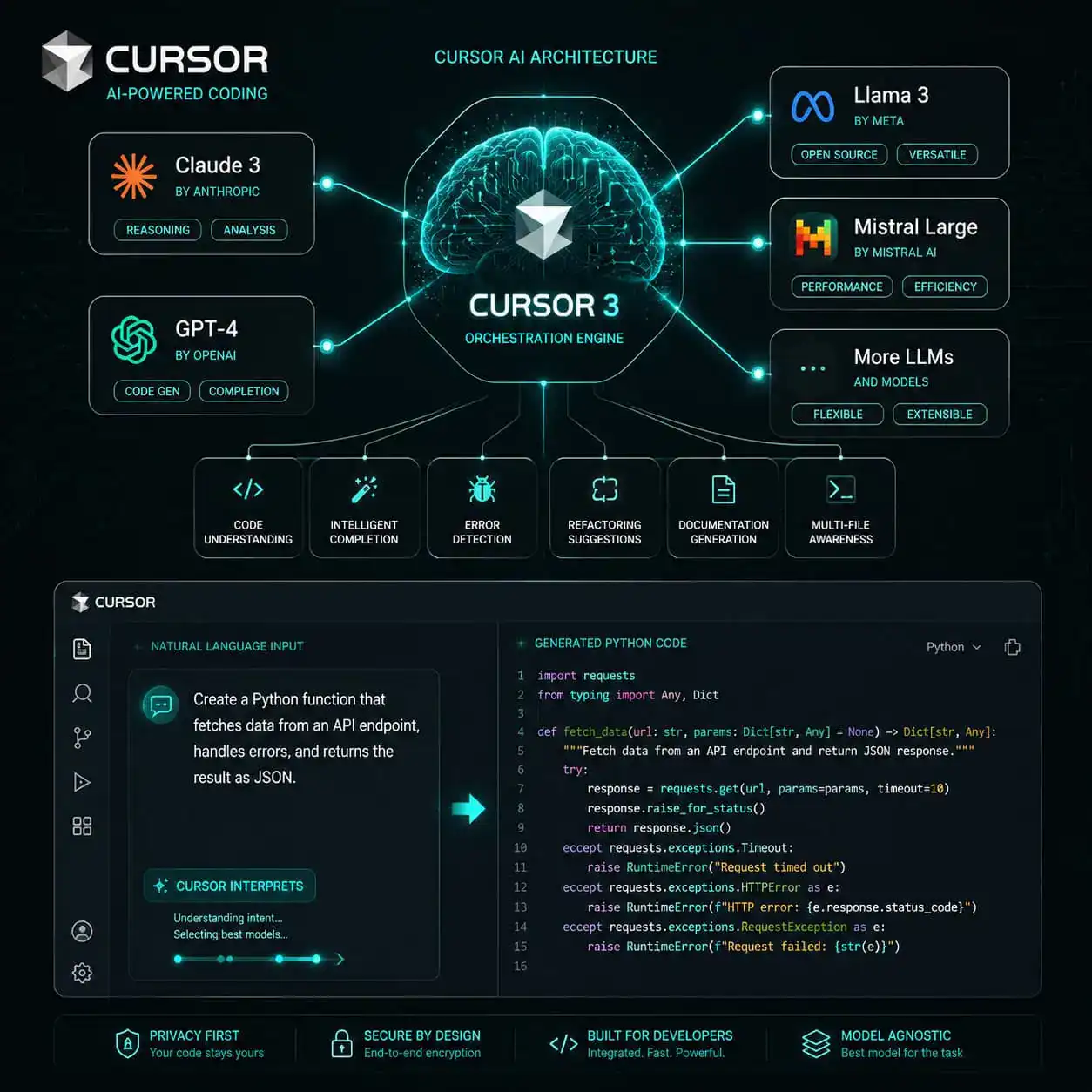 Detailed () illustration showing Cursor AI's architecture diagram: a central glowing brain-like node labeled 'Cursor 3'