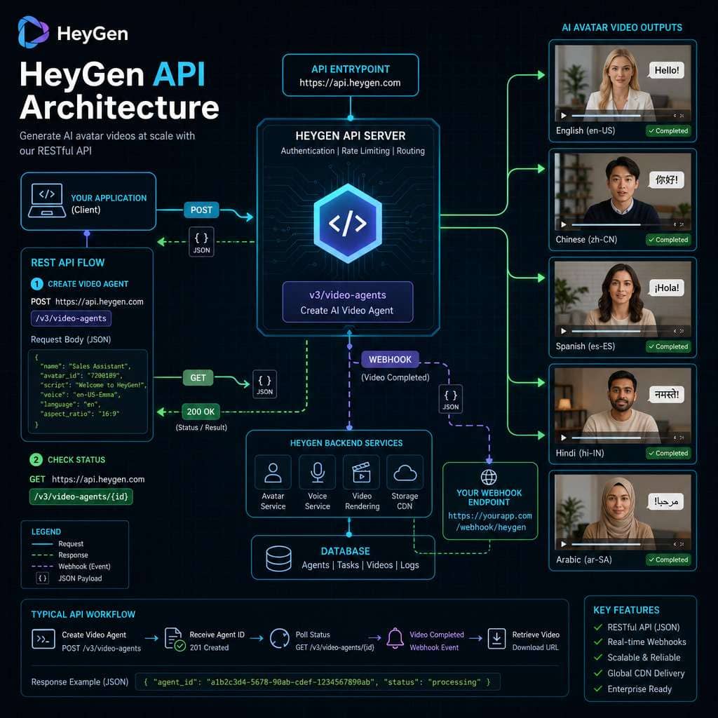 Detailed () illustration showing HeyGen API architecture diagram with a central server node connecting to multiple output