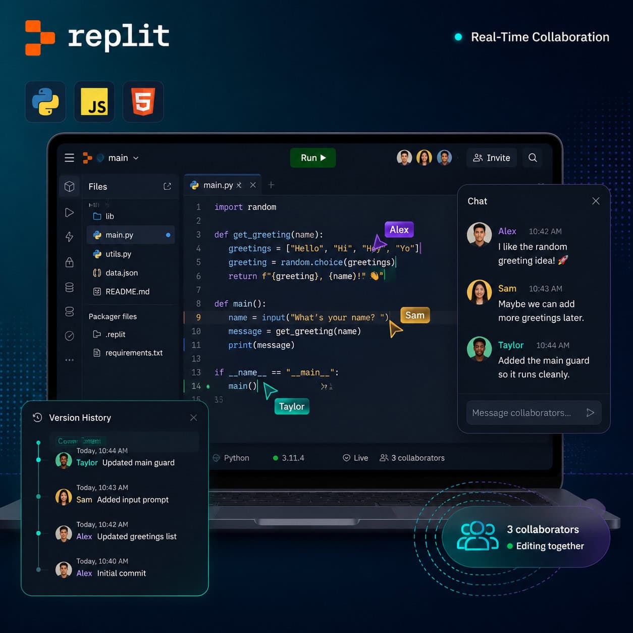 Detailed () illustration showing a developer's laptop screen with Replit's collaborative coding interface open, multiple