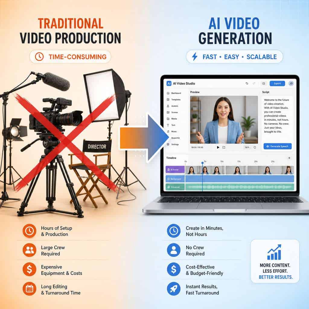 Detailed () illustration showing a split-screen comparison layout: on the left side a traditional video production setup