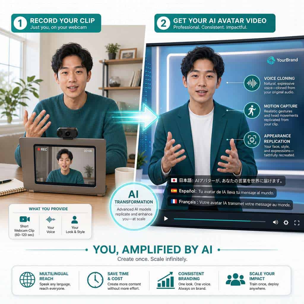 Detailed () illustration showing a split-screen comparison: left side displays a person recording a 15-second webcam clip on