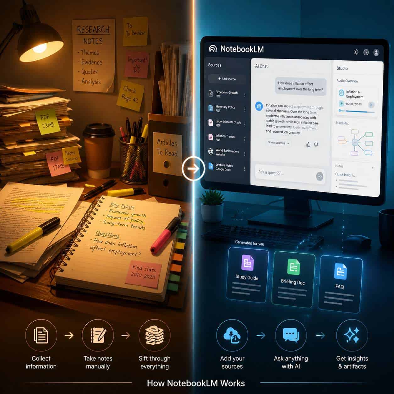 Detailed () illustration showing a split-screen comparison: left side displays a traditional cluttered desk with paper