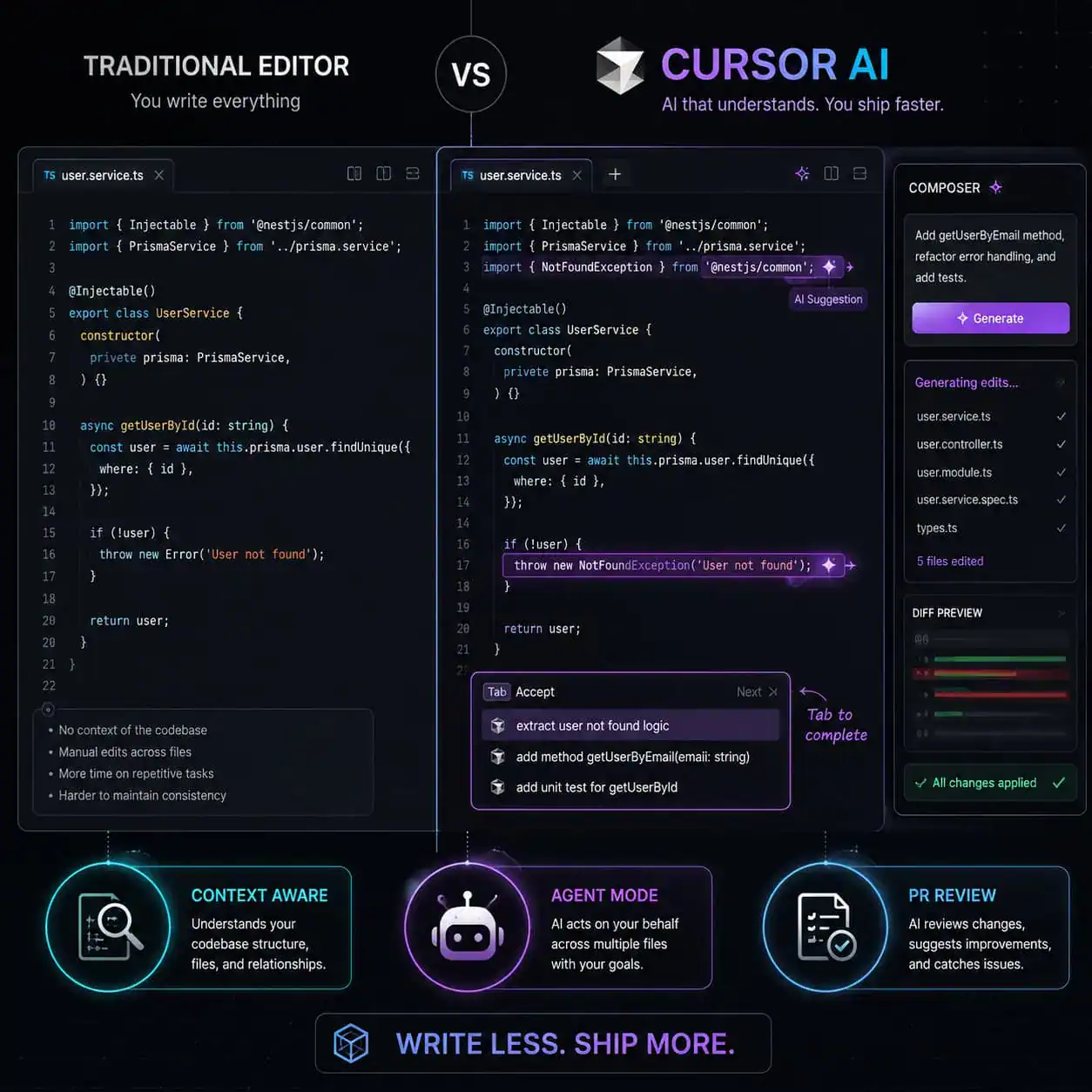Detailed () illustration showing a split-screen comparison of Cursor AI features: left side displays a traditional code