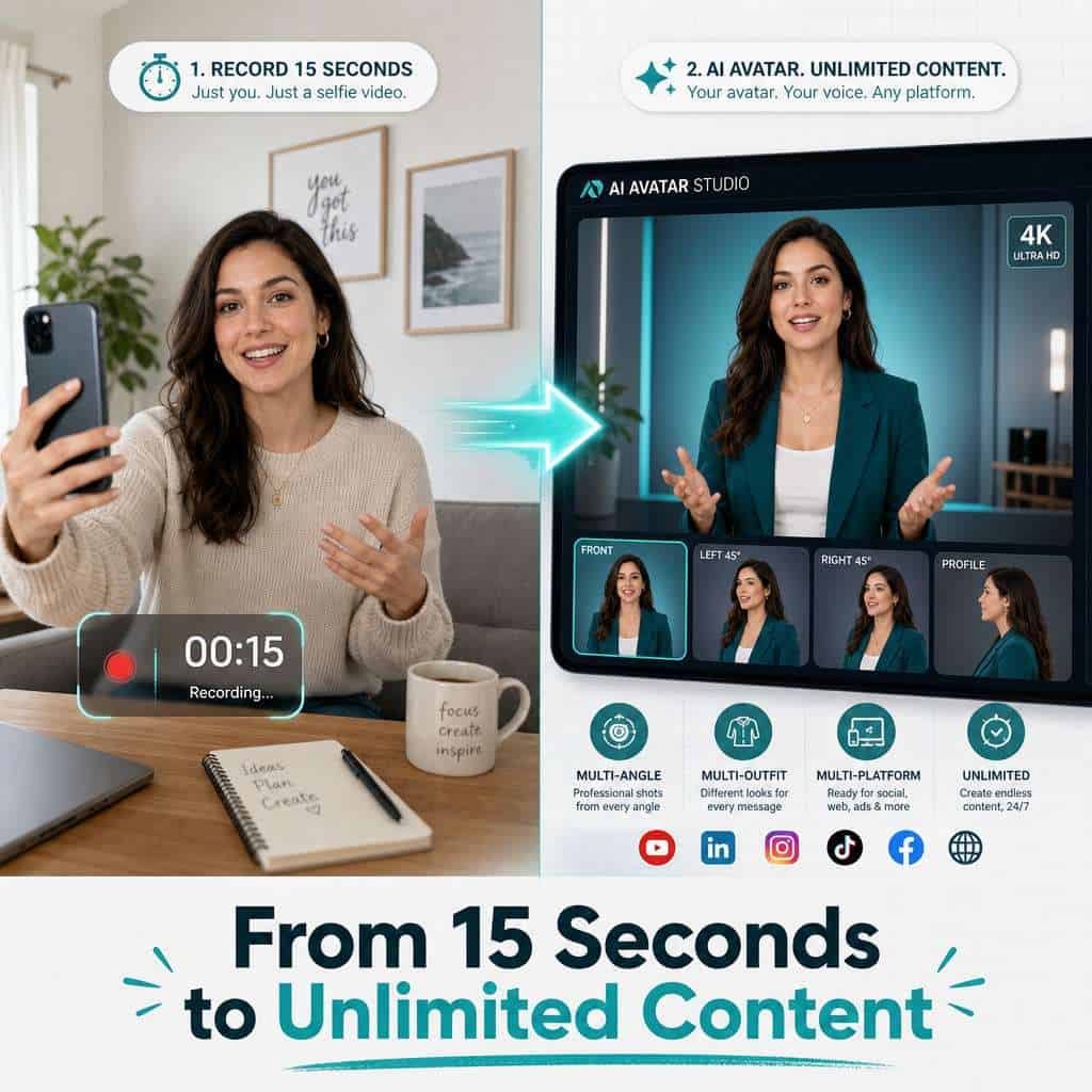Detailed () illustration showing a split-screen comparison: on the left side, a person recording a 15-second selfie video on