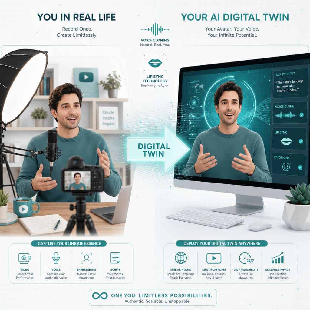 Detailed () illustration showing a split-screen comparison: on the left side a person recording themselves in a home studio