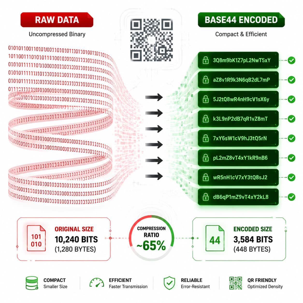 Detailed () illustration showing a split-screen comparison: on the left side raw binary data represented as long sprawling