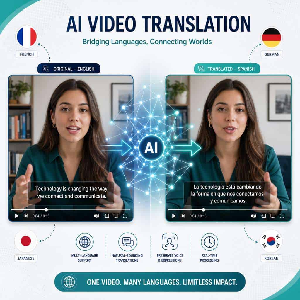 Detailed () illustration showing a split-screen concept: on the left side, a person speaking into a camera with English