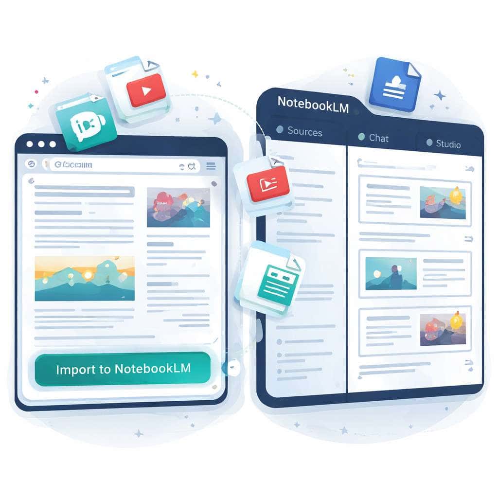 Detailed () illustration showing a split-screen view: on the left, a Chrome browser displaying a news article with a glowing