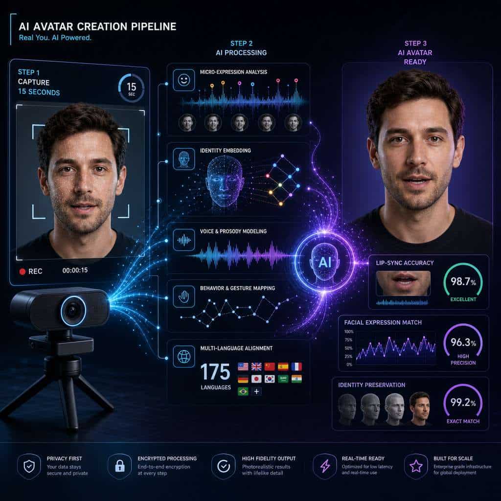 A detailed AI avatar creation process showcasing facial capture, processing, and customization for r.