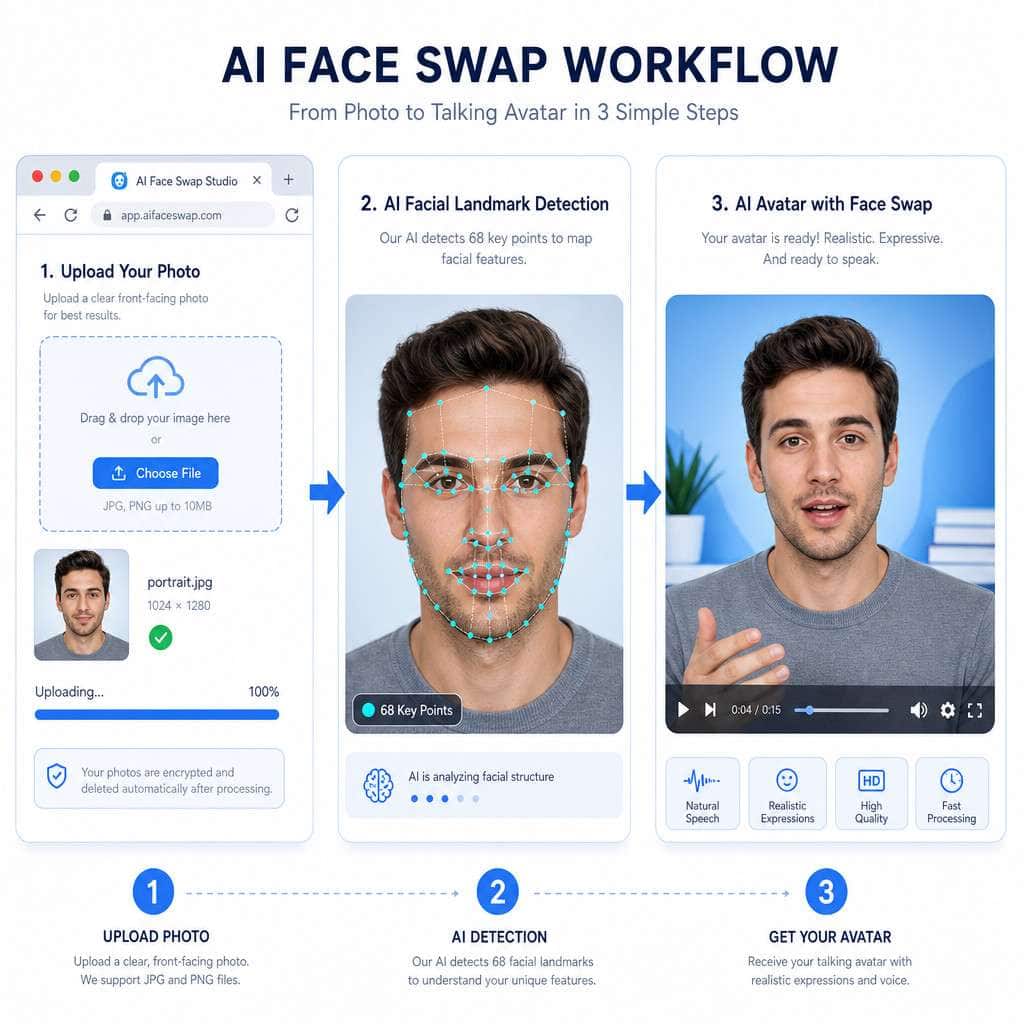 Detailed () illustration showing the HeyGen face swap workflow as a visual pipeline: on the left a user uploads a portrait