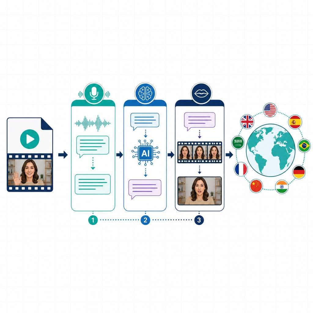 Detailed () illustration showing the HeyGen video translation workflow as a clean infographic: a video file icon on the left