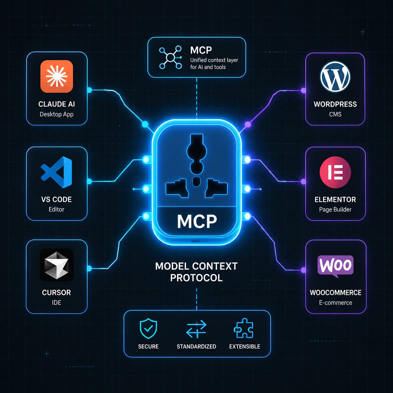 Detailed () illustration showing the Model Context Protocol concept as a visual diagram. Center shows a glowing MCP hub icon