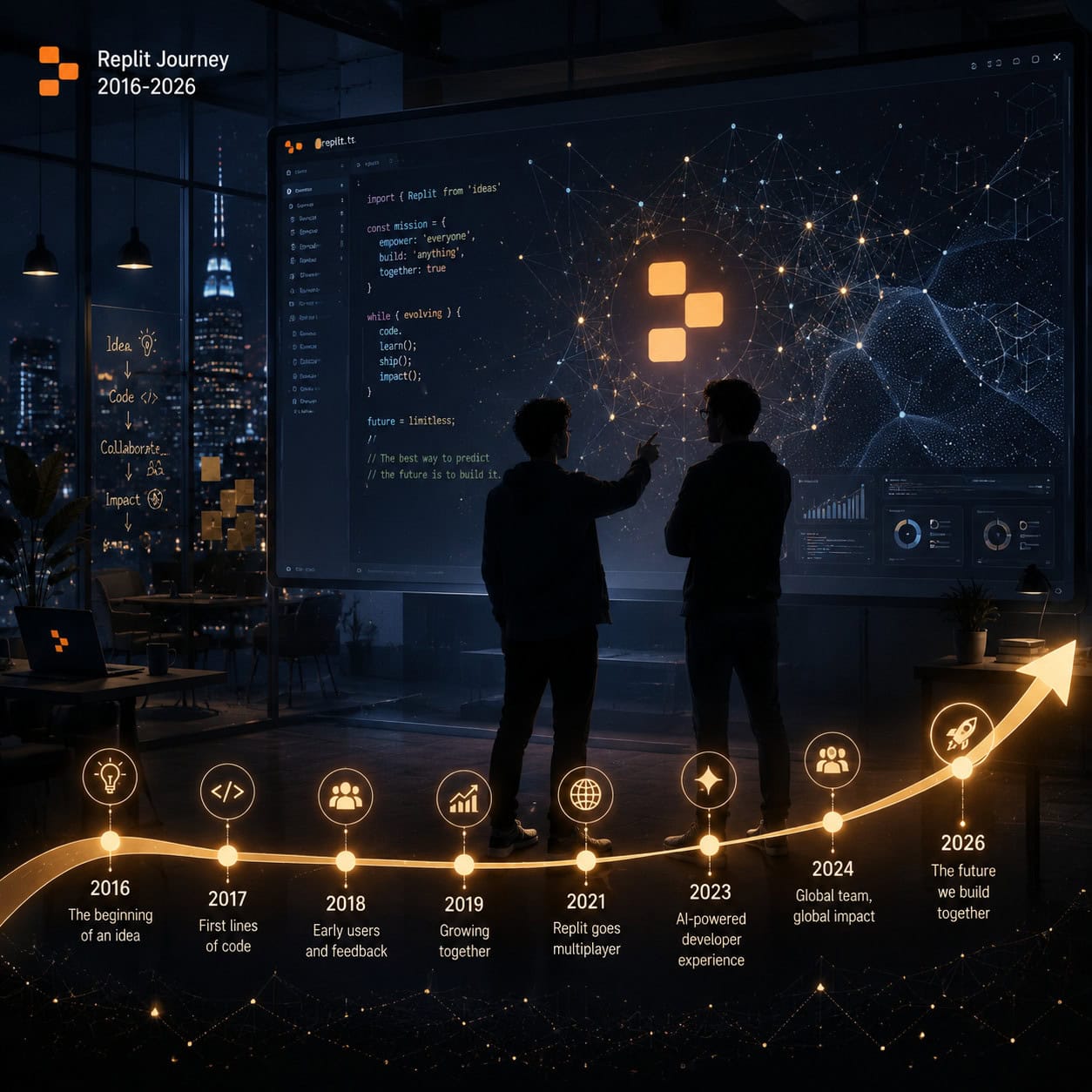 Detailed () illustration showing two co-founders silhouettes standing before a massive digital screen displaying code and AI