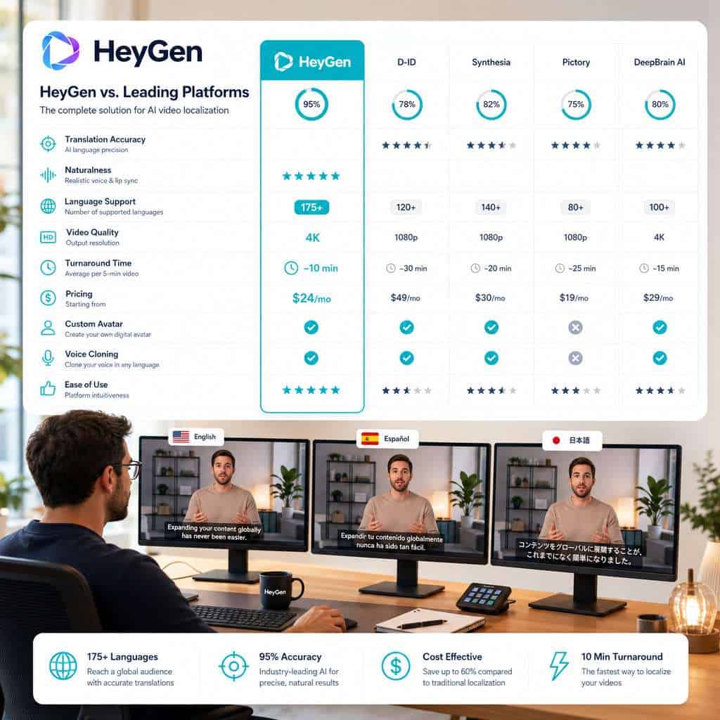 Detailed () image depicting a comparison dashboard layout showing HeyGen versus competitor platforms in a clean table format