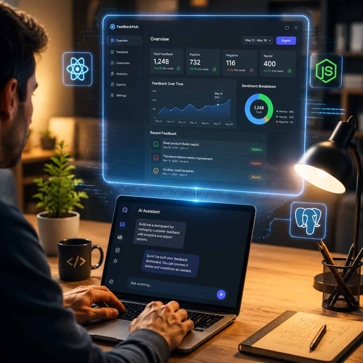 Detailed () image showing a person at a modern desk using a laptop with a conversational AI chat interface visible on